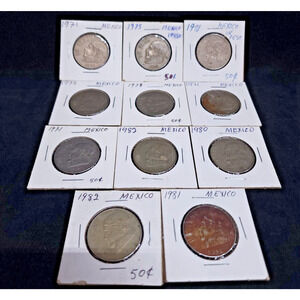 Lot Of 11 Old Vintage Mexican Un Peso Coins 1971 - 1982 Fine Mexico Pesos Coin